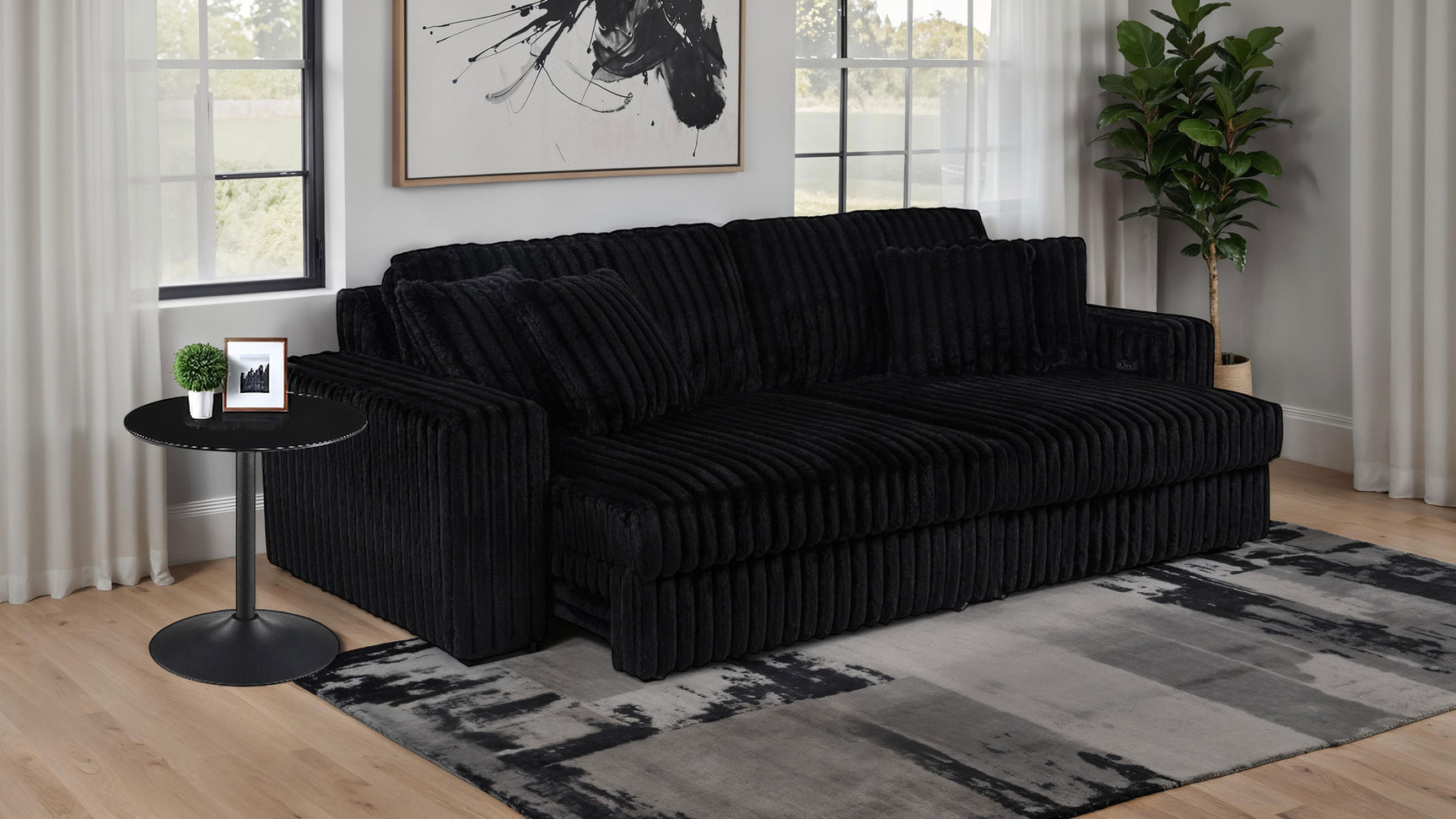 Jacana Black Corduroy Upholstered Dual Power Chaise Sofa - Ornate Home