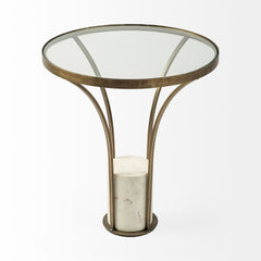 Jacinta Gold 21" Round Glass Top Metal and Marble Pedestal End/Side Table - Ornate Home