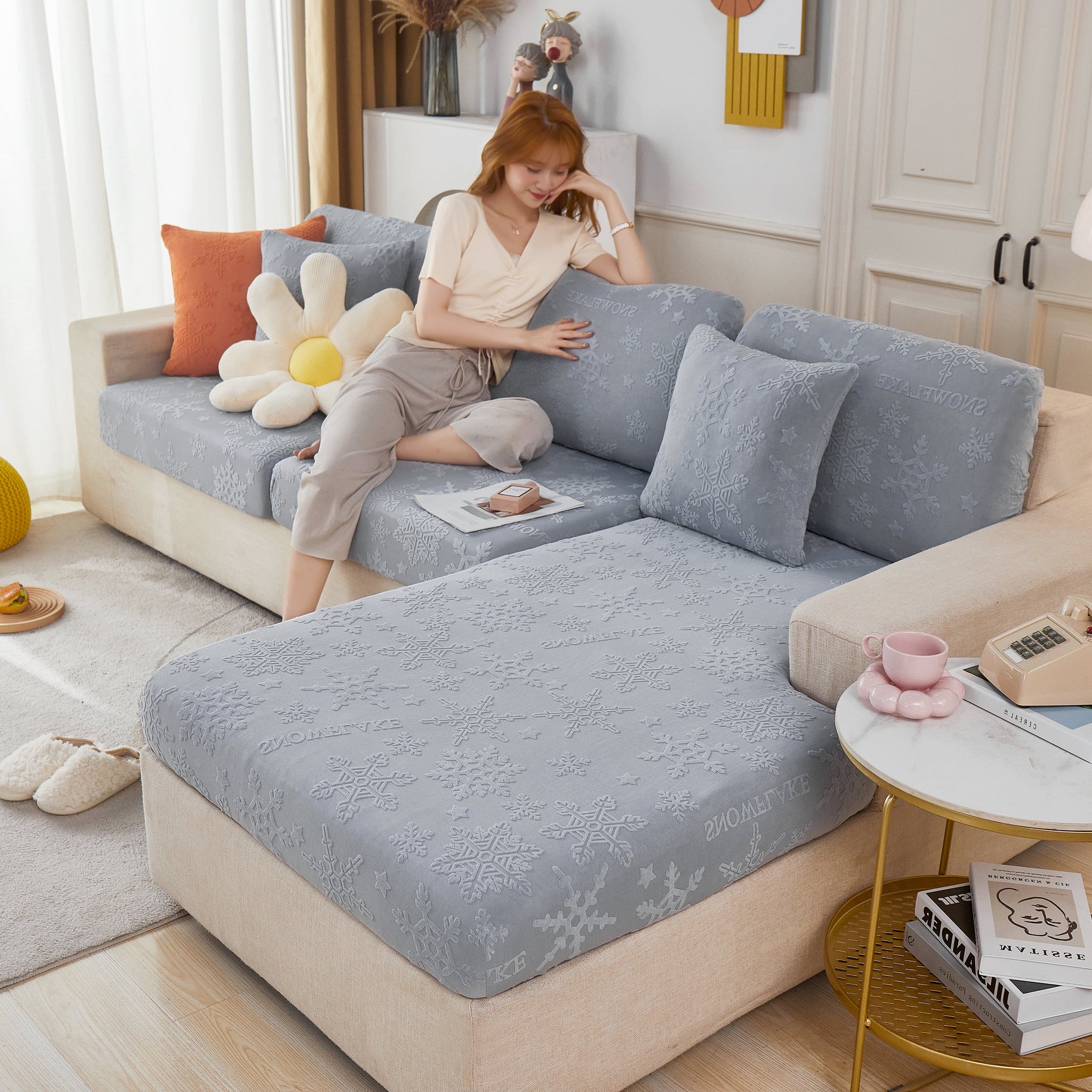 Jacquard Fabric Couch Cushion Covers, Elastic Stretch Sofa Protector for L-Shaped Couches and Pet-Friendly Living Rooms - Ornate Home