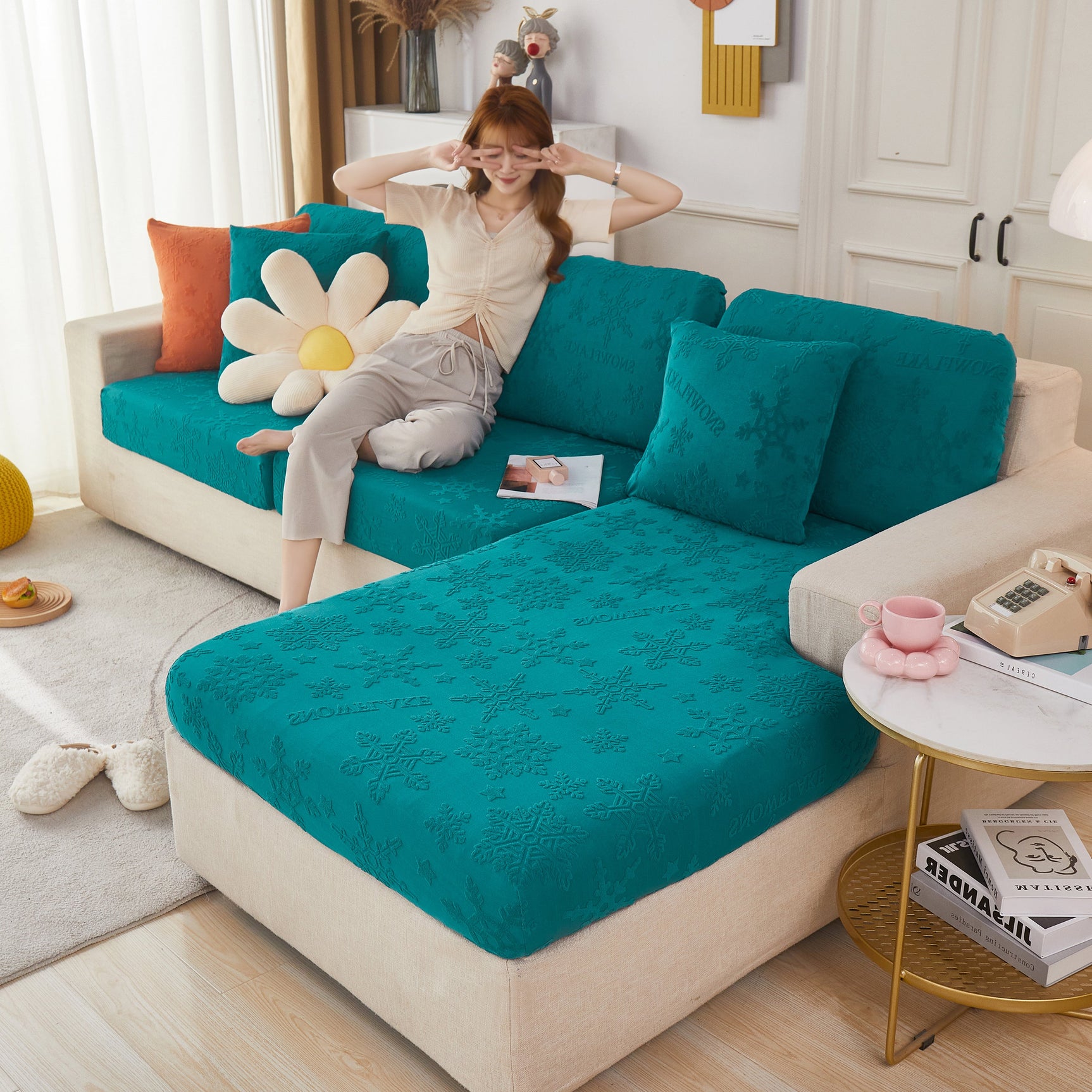 Jacquard Fabric Couch Cushion Covers, Elastic Stretch Sofa Protector for L-Shaped Couches and Pet-Friendly Living Rooms - Ornate Home