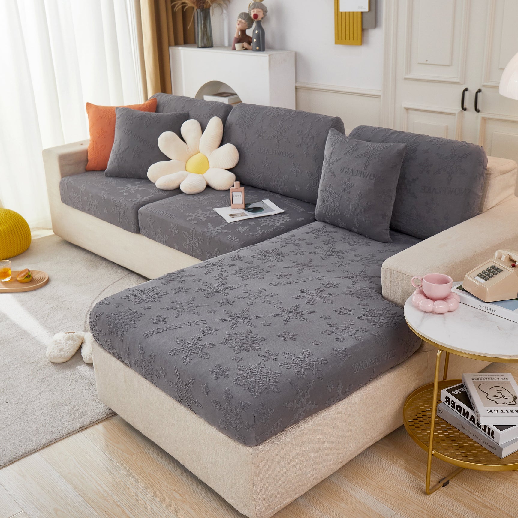 Jacquard Fabric Couch Cushion Covers, Elastic Stretch Sofa Protector for L-Shaped Couches and Pet-Friendly Living Rooms - Ornate Home