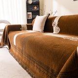 Jacquard Floral Band Sofa Cover with Tassels, Thick Textured Couch Throw Blanket - Ornate Home