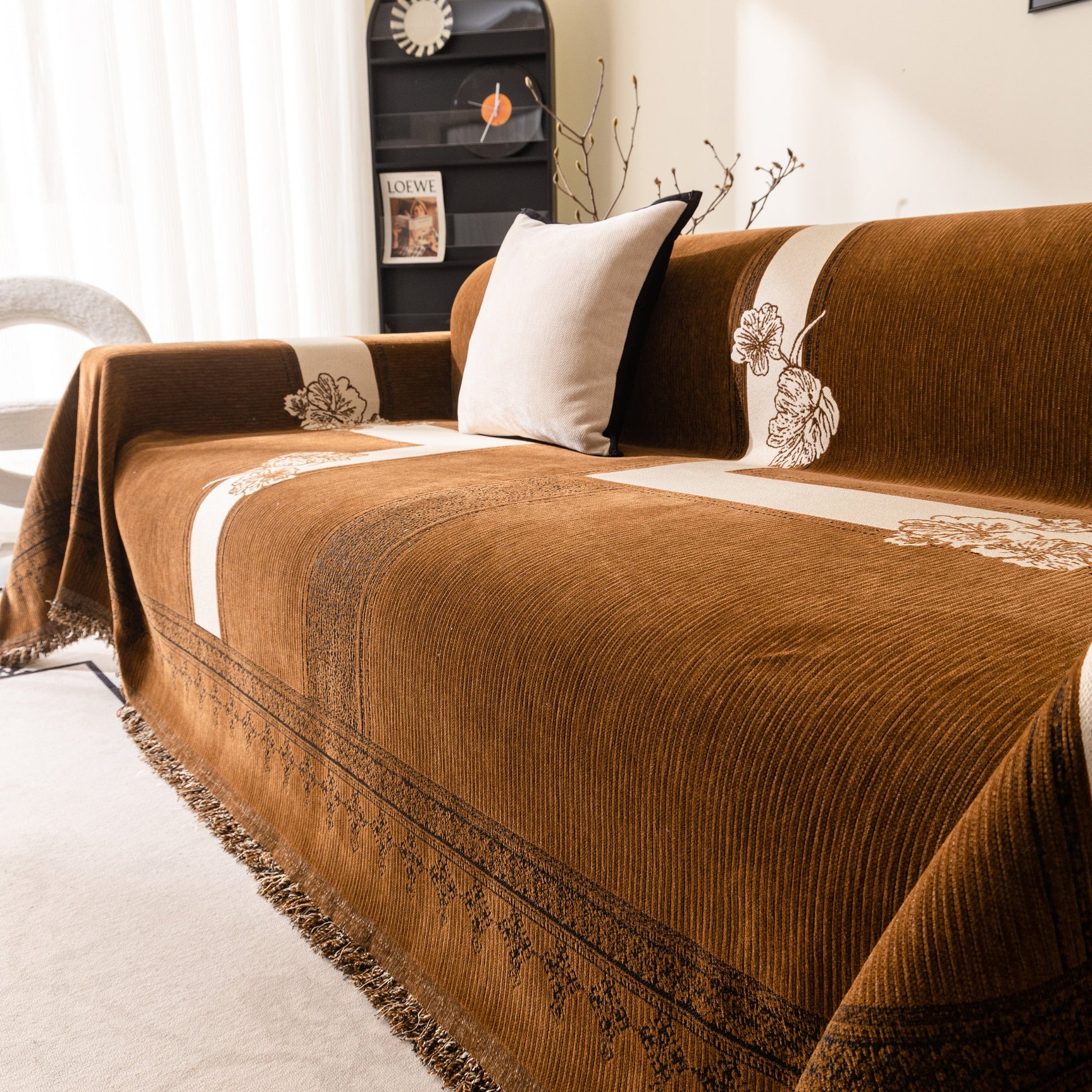 Jacquard Floral Band Sofa Cover with Tassels, Thick Textured Couch Throw Blanket - Ornate Home