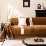 Jacquard Floral Band Sofa Cover with Tassels, Thick Textured Couch Throw Blanket - Ornate Home
