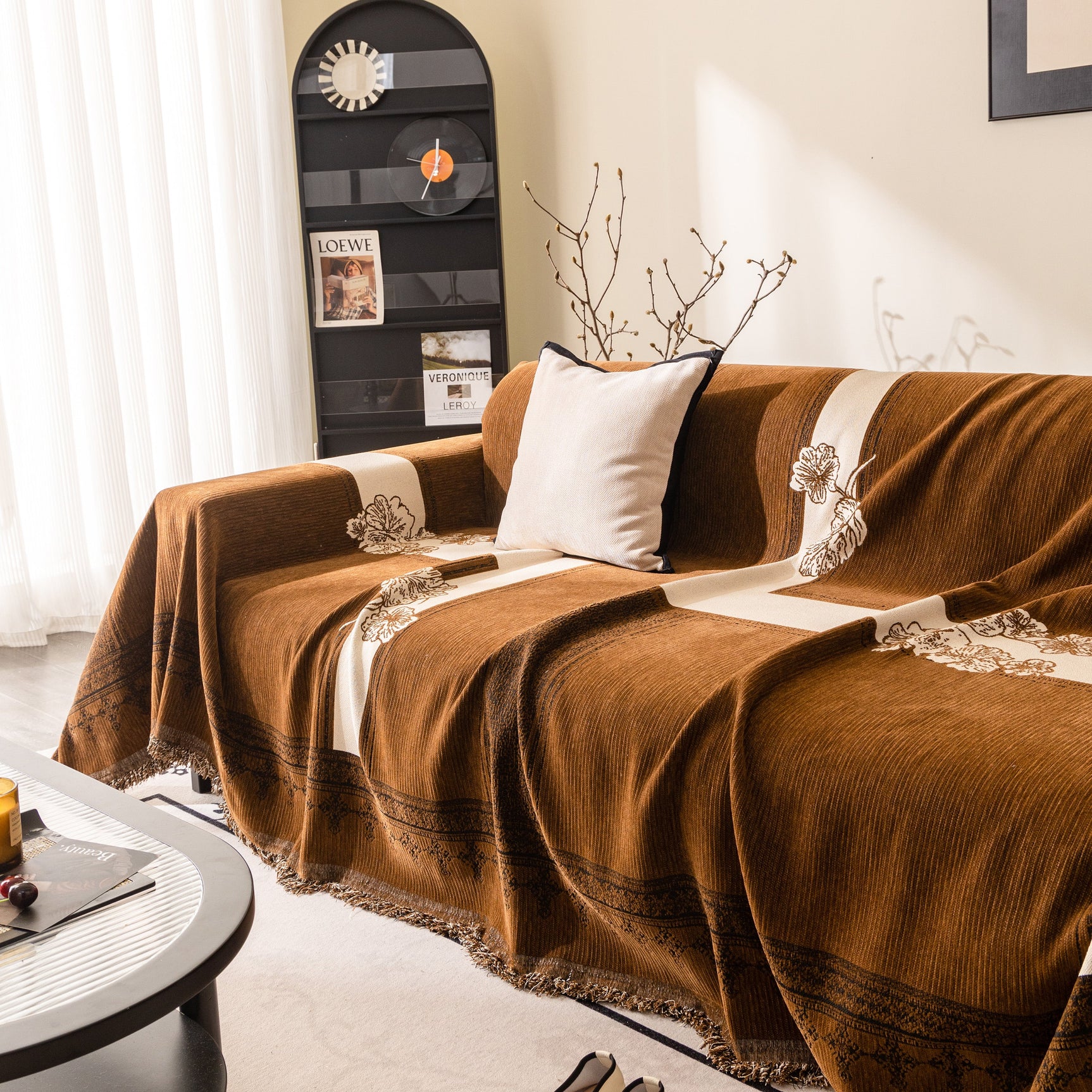 Jacquard Floral Band Sofa Cover with Tassels, Thick Textured Couch Throw Blanket - Ornate Home