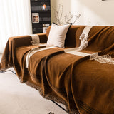 Jacquard Floral Band Sofa Cover with Tassels, Thick Textured Couch Throw Blanket - Ornate Home