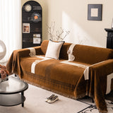 Jacquard Floral Band Sofa Cover with Tassels, Thick Textured Couch Throw Blanket - Ornate Home