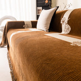 Jacquard Floral Band Sofa Cover with Tassels, Thick Textured Couch Throw Blanket - Ornate Home
