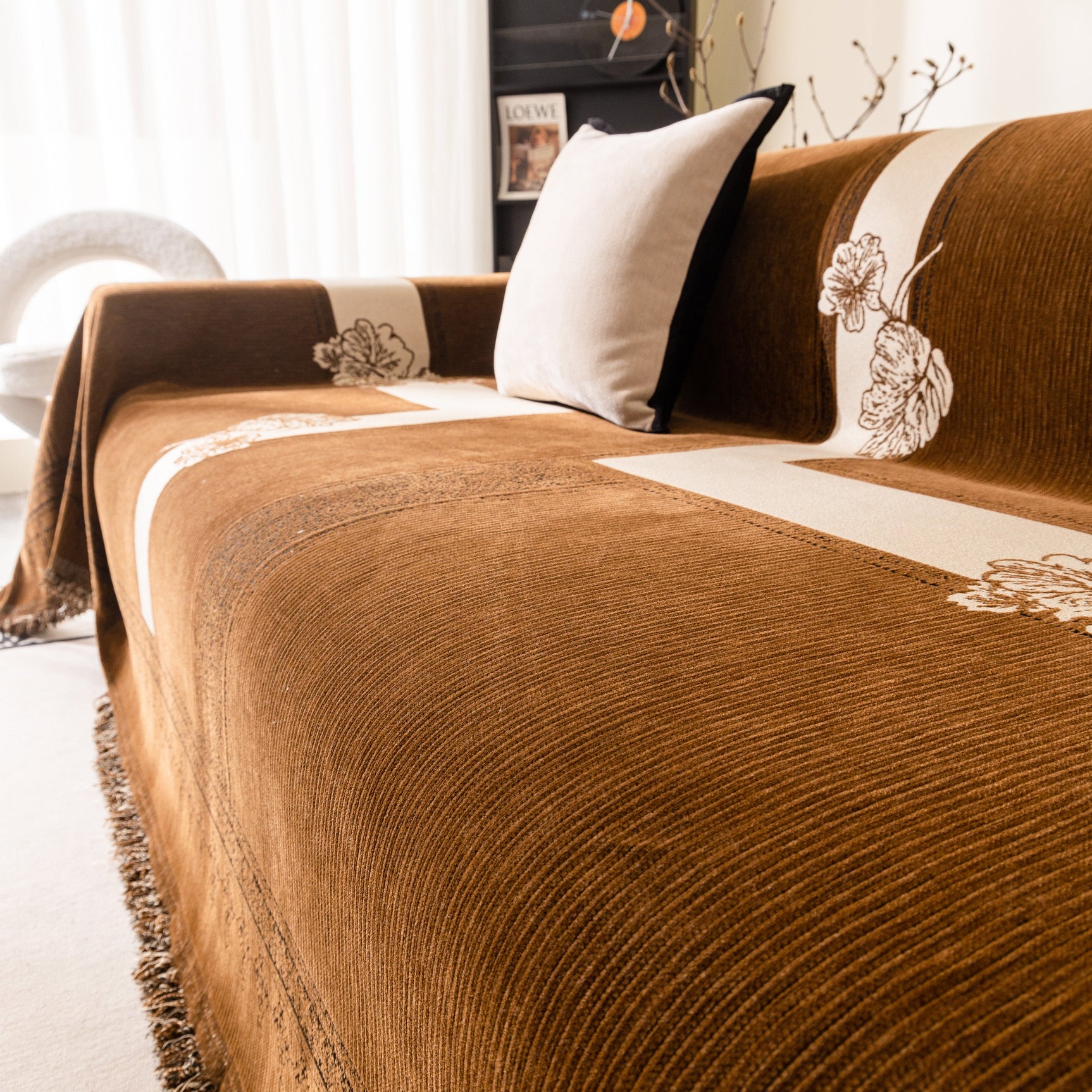 Jacquard Floral Band Sofa Cover with Tassels, Thick Textured Couch Throw Blanket - Ornate Home