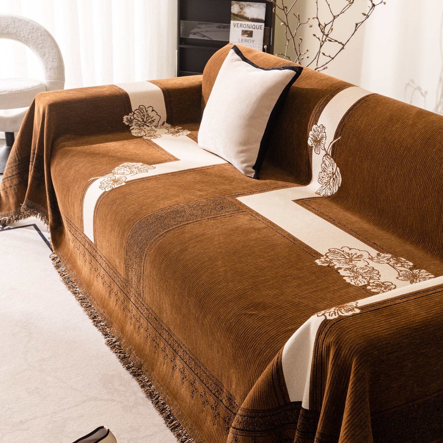 Jacquard Floral Band Sofa Cover with Tassels, Thick Textured Couch Throw Blanket - Ornate Home