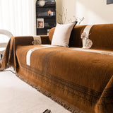 Jacquard Floral Band Sofa Cover with Tassels, Thick Textured Couch Throw Blanket - Ornate Home
