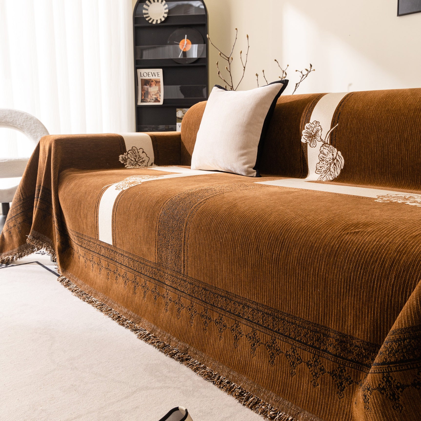 Jacquard Floral Band Sofa Cover with Tassels, Thick Textured Couch Throw Blanket - Ornate Home