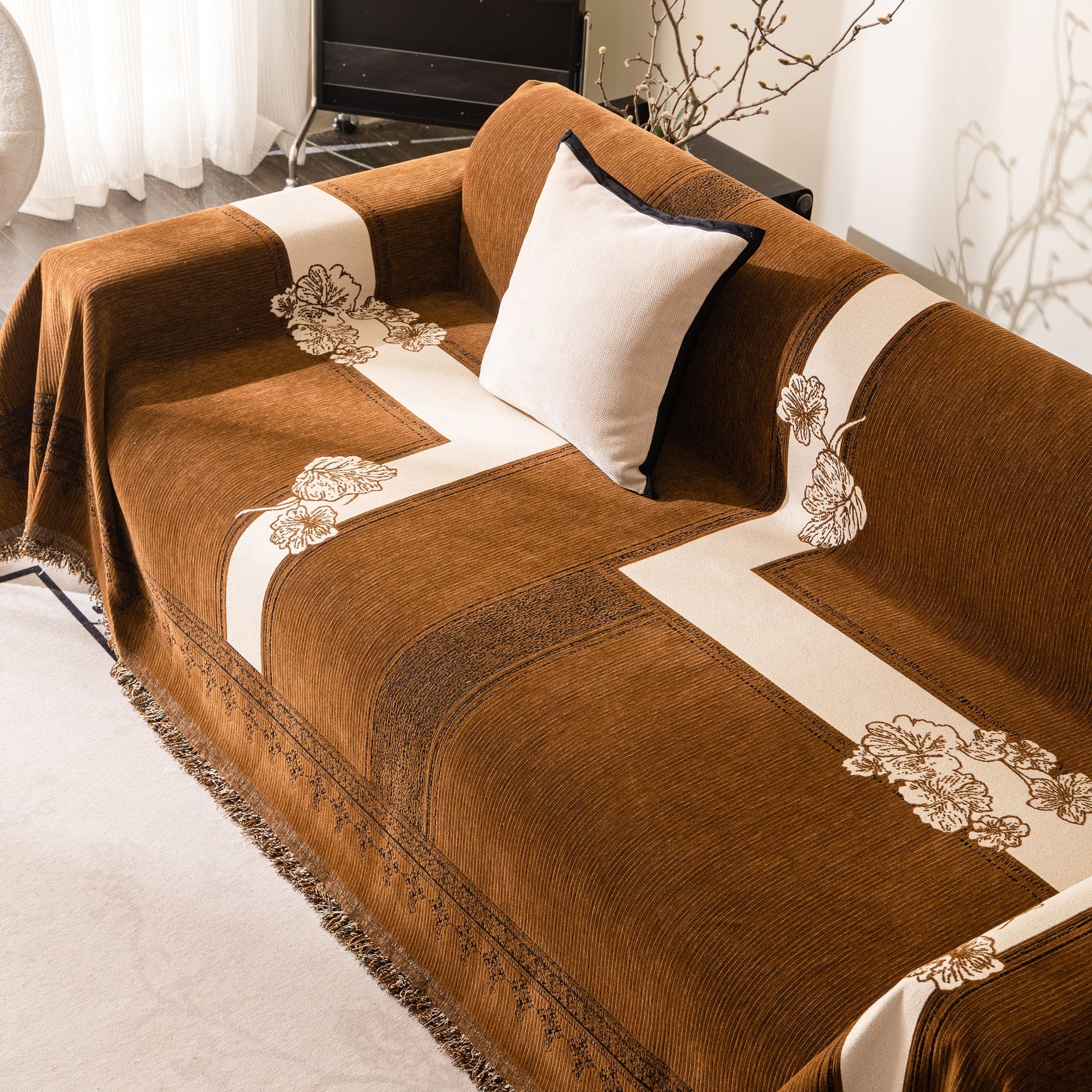 Jacquard Floral Band Sofa Cover with Tassels, Thick Textured Couch Throw Blanket - Ornate Home