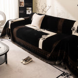 Jacquard Floral Band Sofa Cover with Tassels, Thick Textured Couch Throw Blanket - Ornate Home