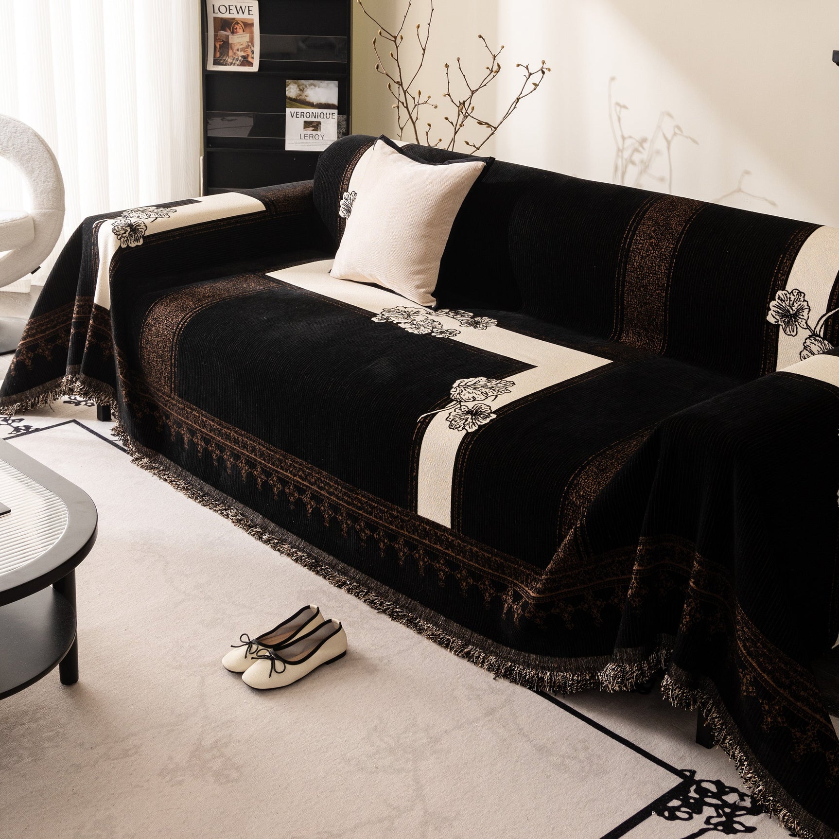 Jacquard Floral Band Sofa Cover with Tassels, Thick Textured Couch Throw Blanket - Ornate Home