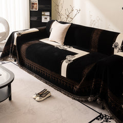 Jacquard Floral Band Sofa Cover with Tassels, Thick Textured Couch Throw Blanket - Ornate Home
