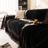 Jacquard Floral Band Sofa Cover with Tassels, Thick Textured Couch Throw Blanket - Ornate Home