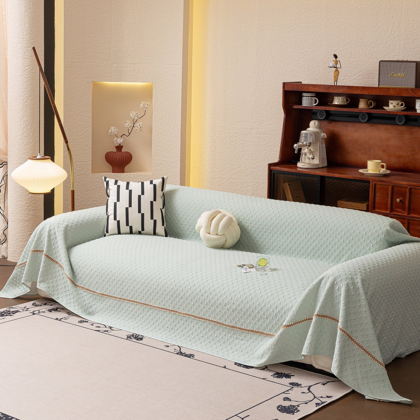 Jacquard Ice Silk Sofa Throw Cover with Gold Trim, Summer Cooling Couch Slipcover - Ornate Home