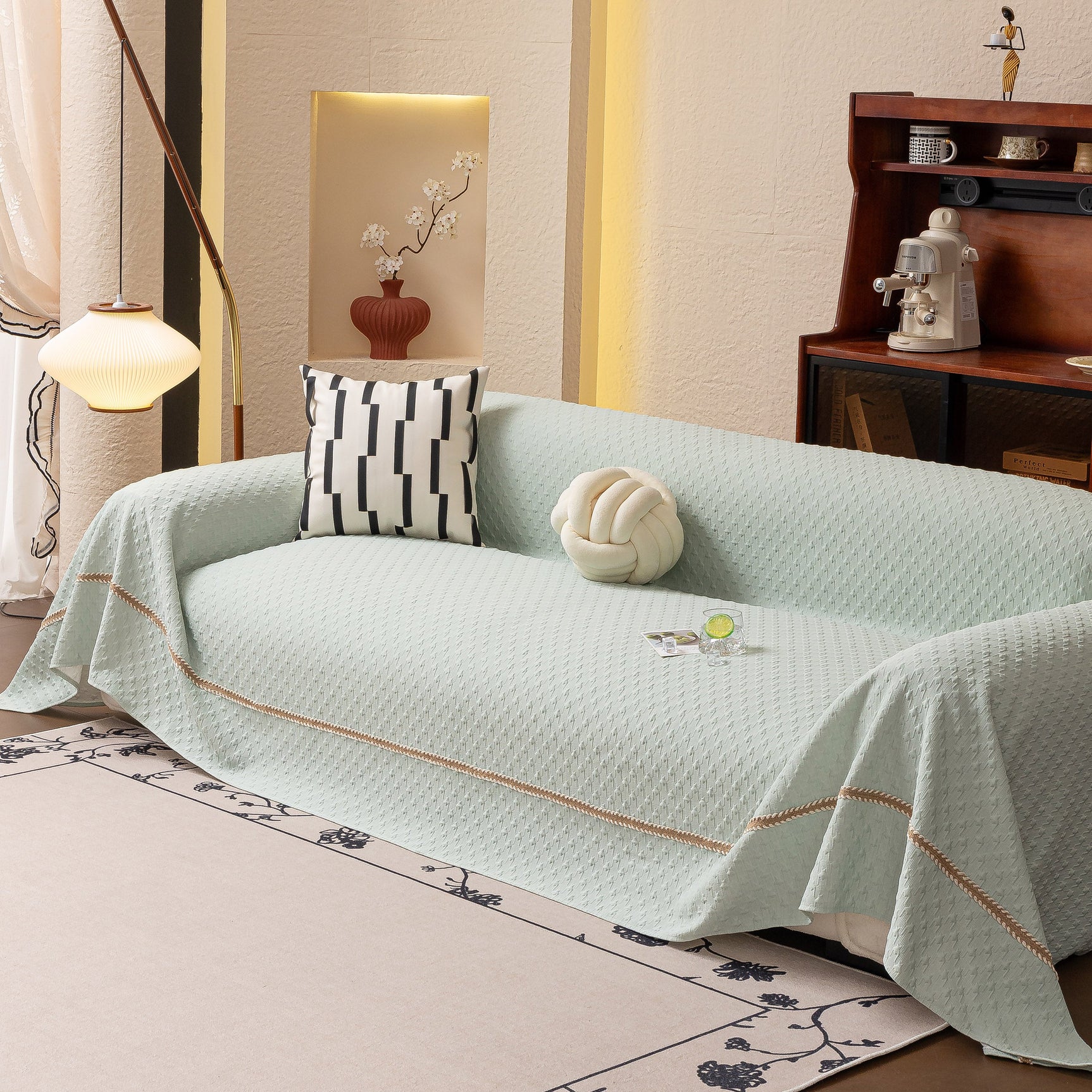 Jacquard Ice Silk Sofa Throw Cover with Gold Trim, Summer Cooling Couch Slipcover - Ornate Home