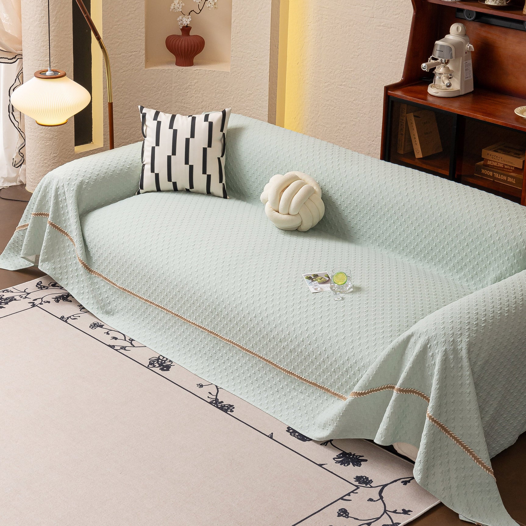 Jacquard Ice Silk Sofa Throw Cover with Gold Trim, Summer Cooling Couch Slipcover - Ornate Home