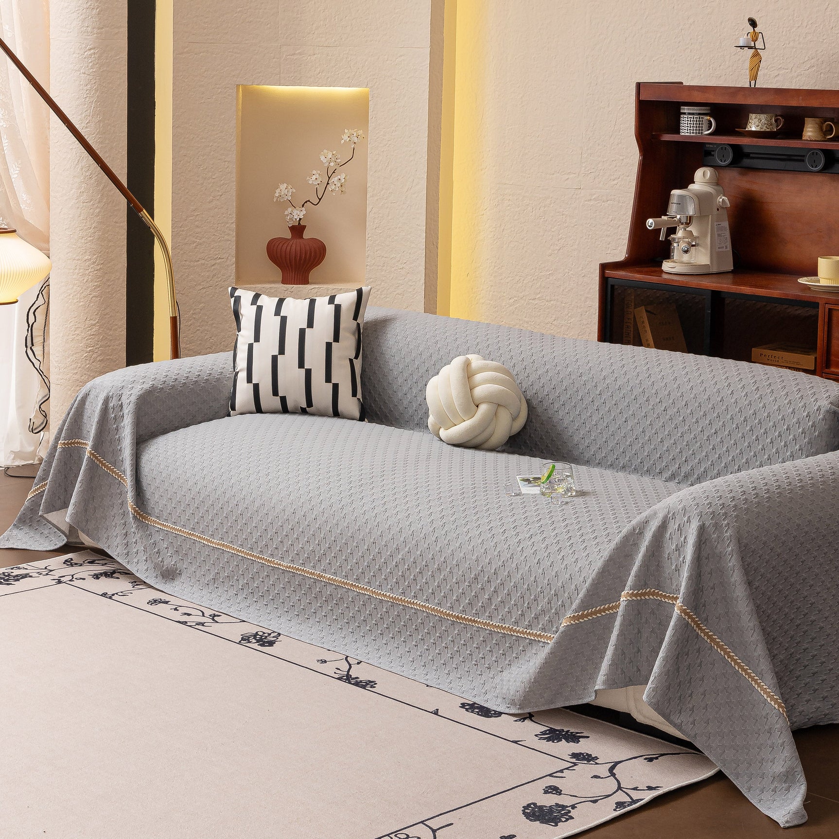 Jacquard Ice Silk Sofa Throw Cover with Gold Trim, Summer Cooling Couch Slipcover - Ornate Home