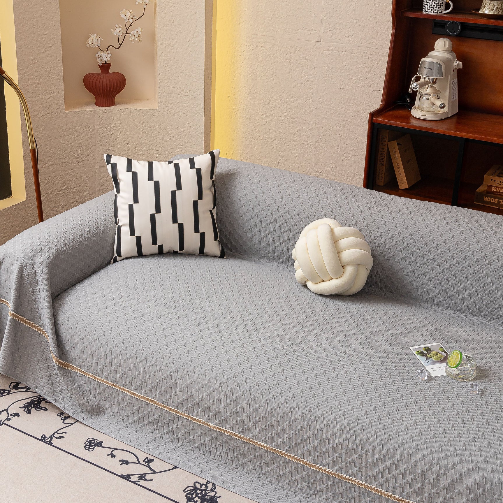 Jacquard Ice Silk Sofa Throw Cover with Gold Trim, Summer Cooling Couch Slipcover - Ornate Home