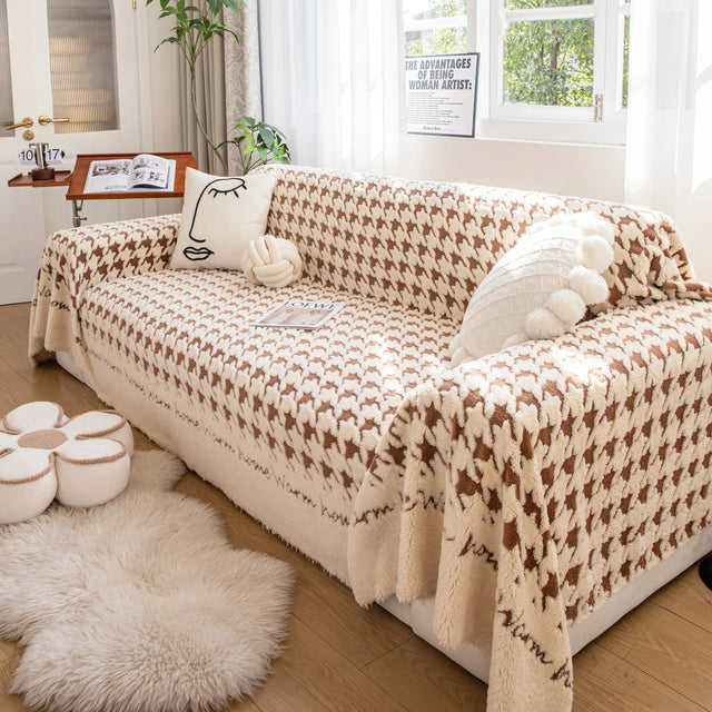 Jacquard Plush Houndstooth Sofa Throw Cover, Cover Throws for Sofas, Stylish Living Room Throws - Ornate Home