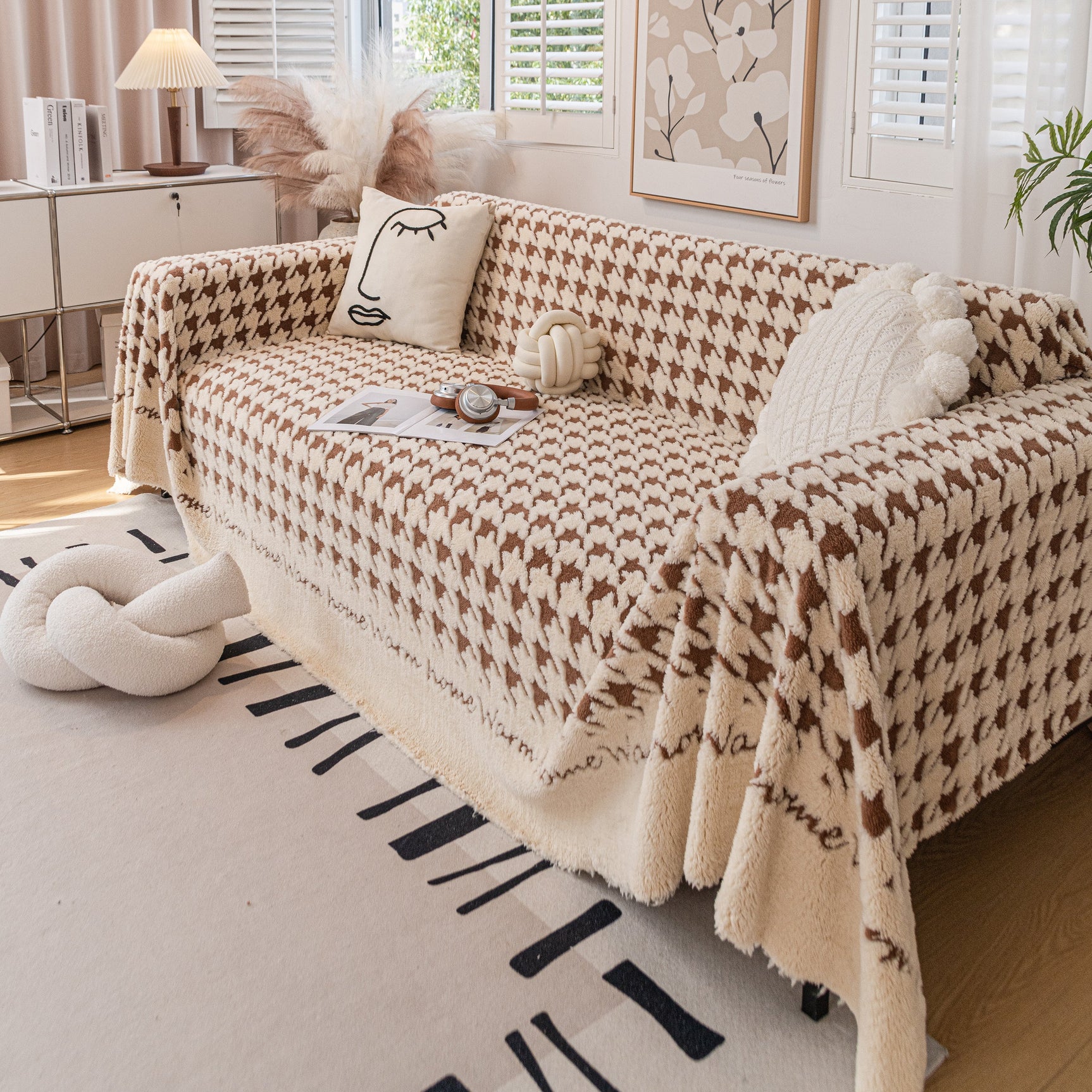 Jacquard Plush Houndstooth Sofa Throw Cover, Cover Throws for Sofas, Stylish Living Room Throws - Ornate Home