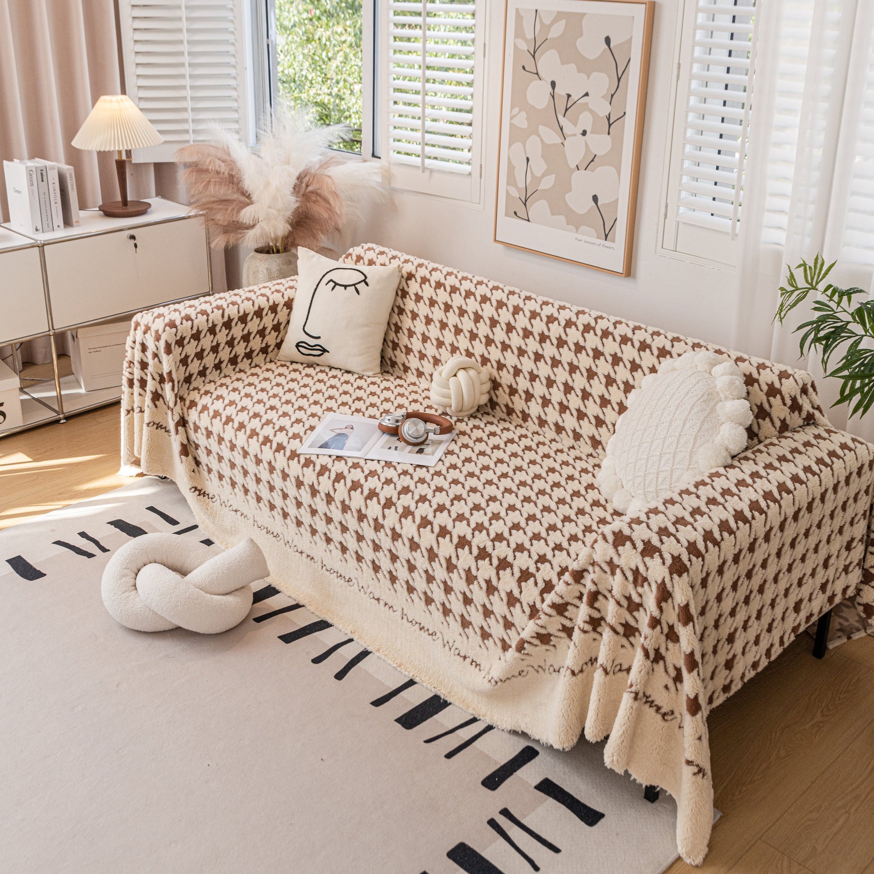 Jacquard Plush Houndstooth Sofa Throw Cover, Cover Throws for Sofas, Stylish Living Room Throws - Ornate Home