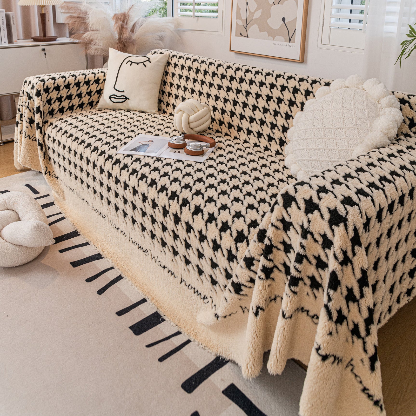 Jacquard Plush Houndstooth Sofa Throw Cover, Cover Throws for Sofas, Stylish Living Room Throws - Ornate Home