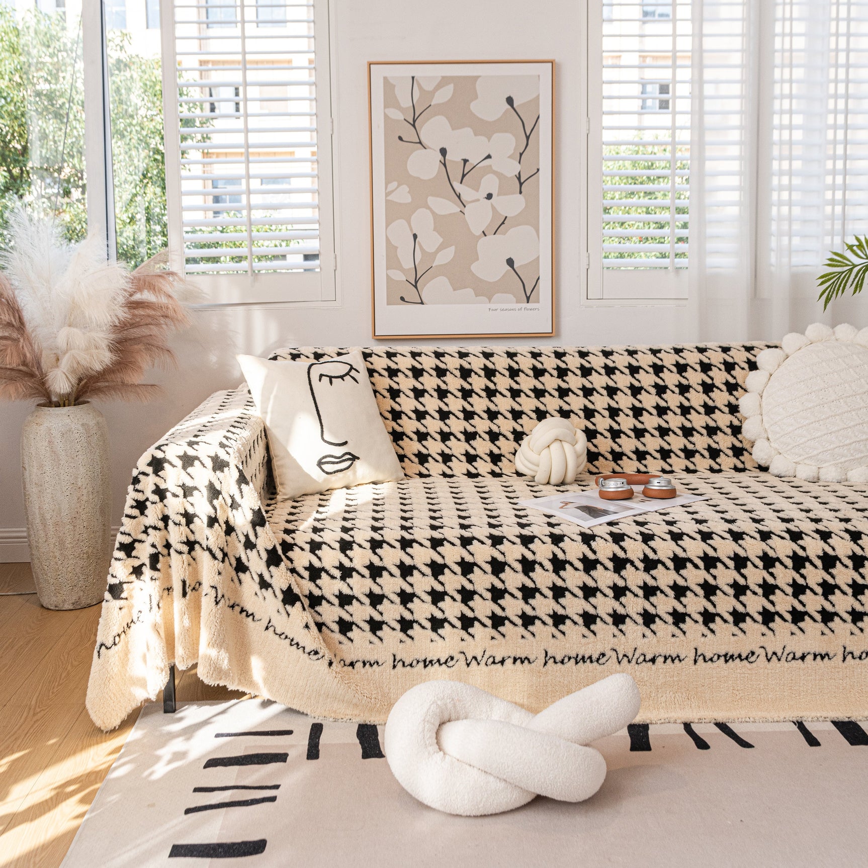 Jacquard Plush Houndstooth Sofa Throw Cover, Cover Throws for Sofas, Stylish Living Room Throws - Ornate Home