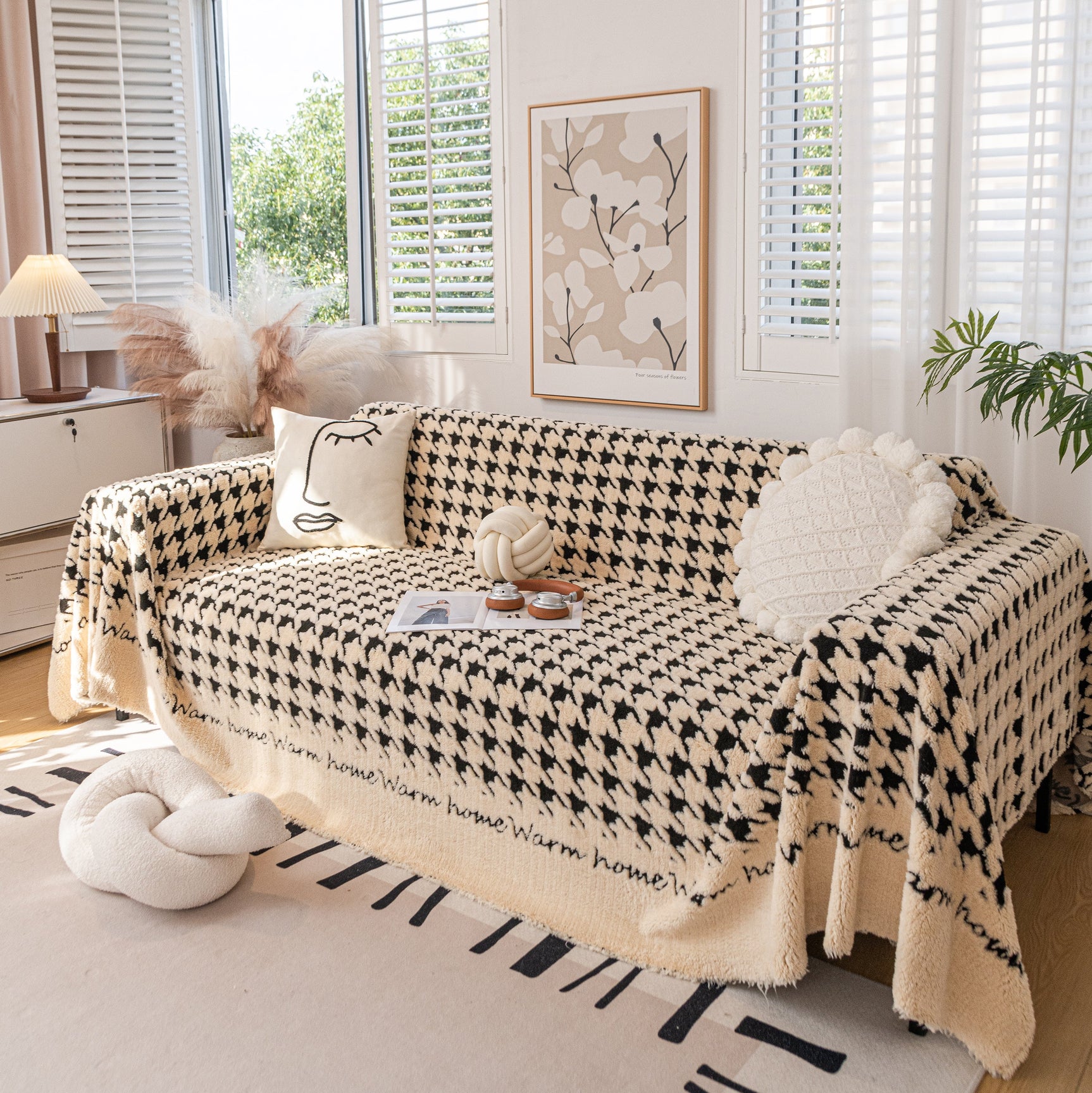 Jacquard Plush Houndstooth Sofa Throw Cover, Cover Throws for Sofas, Stylish Living Room Throws - Ornate Home