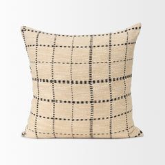 Jaela Beige/Black 22x22 Striped Checkered Square Throw Pillow Cover