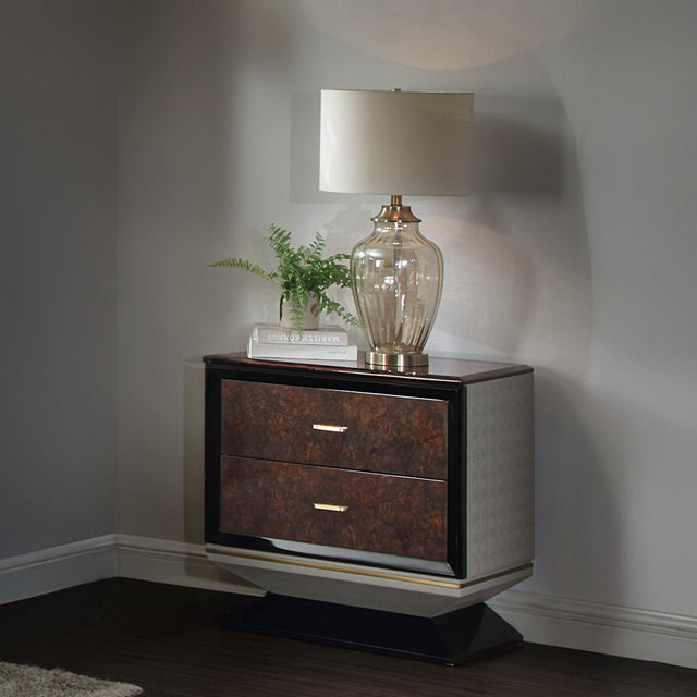 Jamonica Glossy Wood Grain Top/Gold Nightstand w/2 Drawers - Ornate Home
