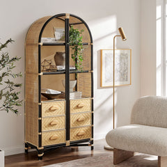 Jane Natural/Black 71 Inch Tall Arched Natural Rattan Bookshelf - Ornate Home