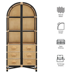 Jane Natural/Black 71 Inch Tall Arched Natural Rattan Bookshelf - Ornate Home