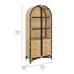 Jane Natural/Black 71 Inch Tall Arched Natural Rattan Bookshelf - Ornate Home