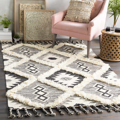 Jarales Cream/Black Tribal Tassel Wool Rug - Clearance - Ornate Home