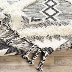 Jarales Cream/Black Tribal Tassel Wool Rug - Clearance - Ornate Home