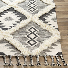 Jarales Cream/Black Tribal Tassel Wool Rug - Clearance - Ornate Home