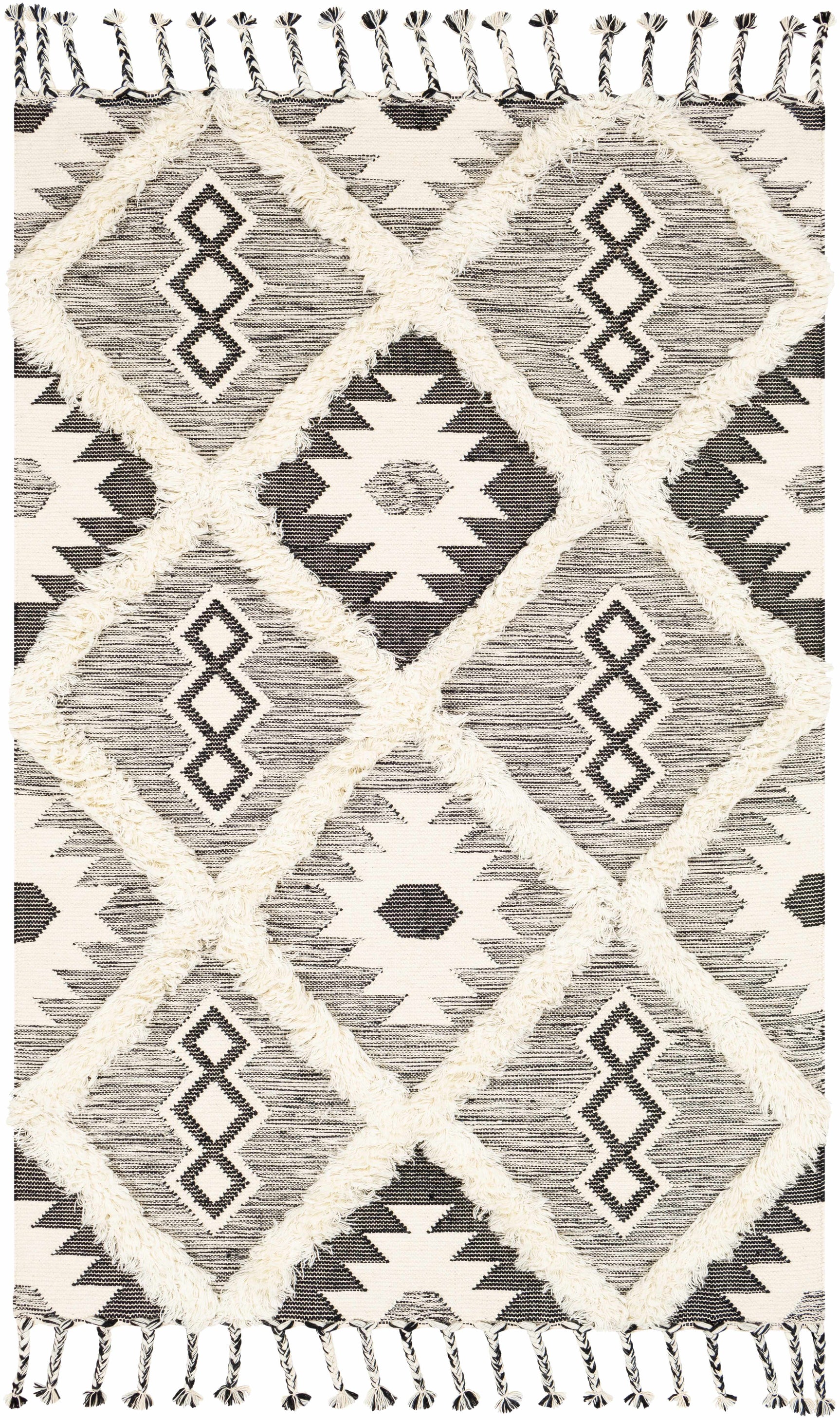 Jarales Cream/Black Tribal Tassel Wool Rug - Clearance - Ornate Home