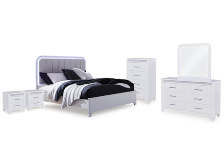 Jarlee White Queen Upholstered Panel Bed, Dresser, Mirror, Chest and 2 Nightstands (Online Special Price) - Ornate Home
