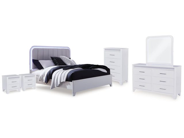 Jarlee White Queen Upholstered Panel Bed, Dresser, Mirror, Chest and 2 Nightstands (Online Special Price) - Ornate Home