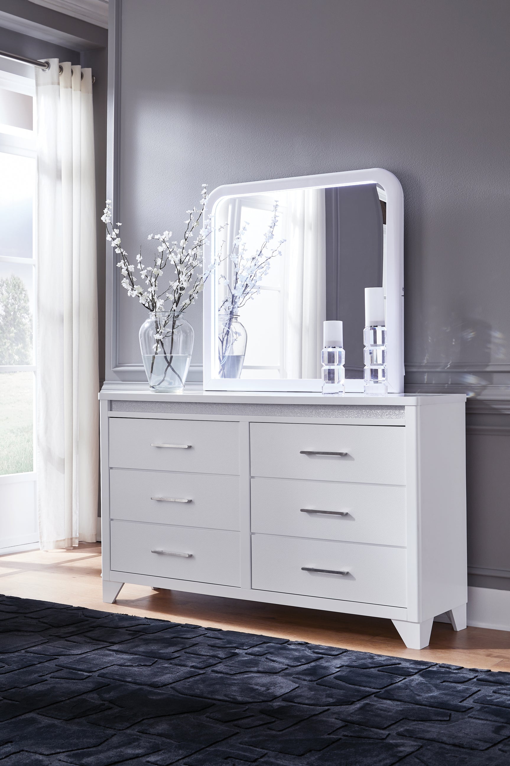 Jarlee White Queen Upholstered Panel Bed, Dresser, Mirror, Chest and 2 Nightstands (Online Special Price) - Ornate Home