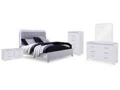 Jarlee White Queen Upholstered Panel Bed, Dresser, Mirror, Chest and 2 Nightstands - Ornate Home
