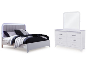 Jarlee White Queen Upholstered Panel Bed, Dresser and Mirror (Online Special Price) - Ornate Home