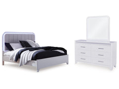 Jarlee White Queen Upholstered Panel Bed, Dresser and Mirror - Ornate Home