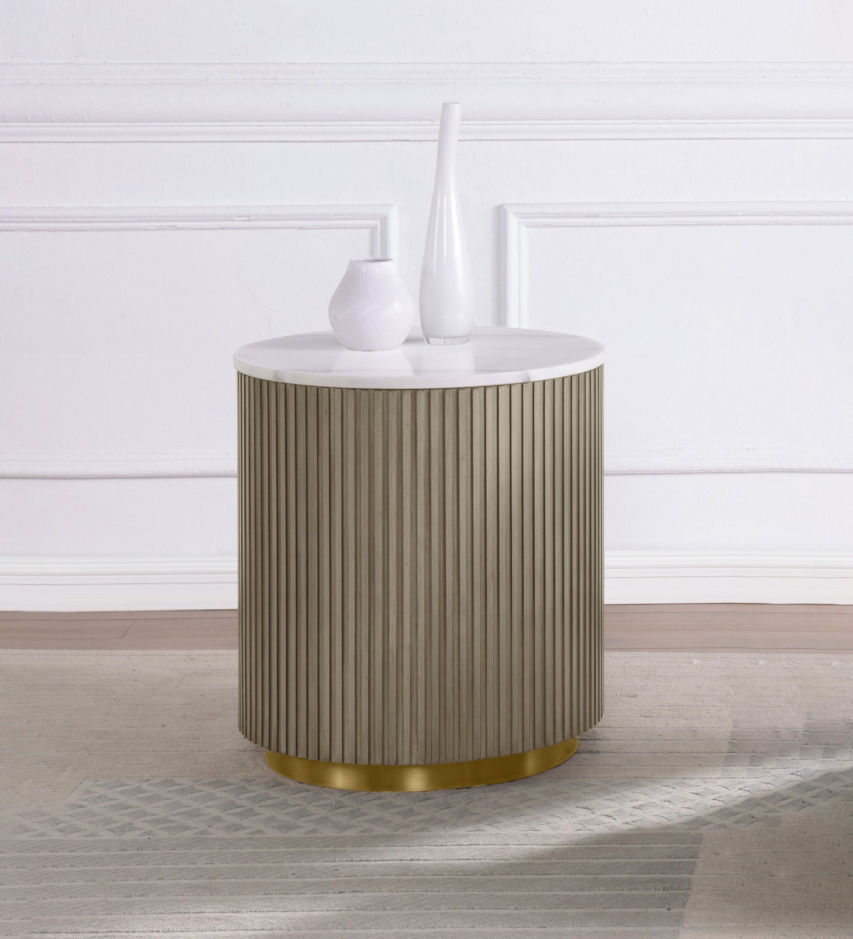 Jason Greige Round White Marble Top Side End Table - Ornate Home