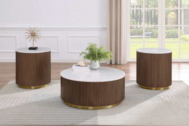 Jason Honey Brown/White Marble 3-piece Round White Marble Coffee Table Set - Ornate Home