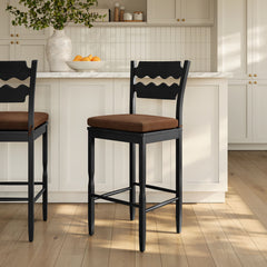 Jax Black/Cocoa Oak Wood Bar Stool With Wavy Razor Back and Cushion - Ornate Home